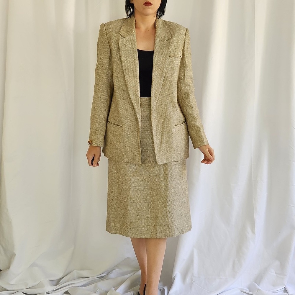 90s Tan Silk Pencil Skirt Suit